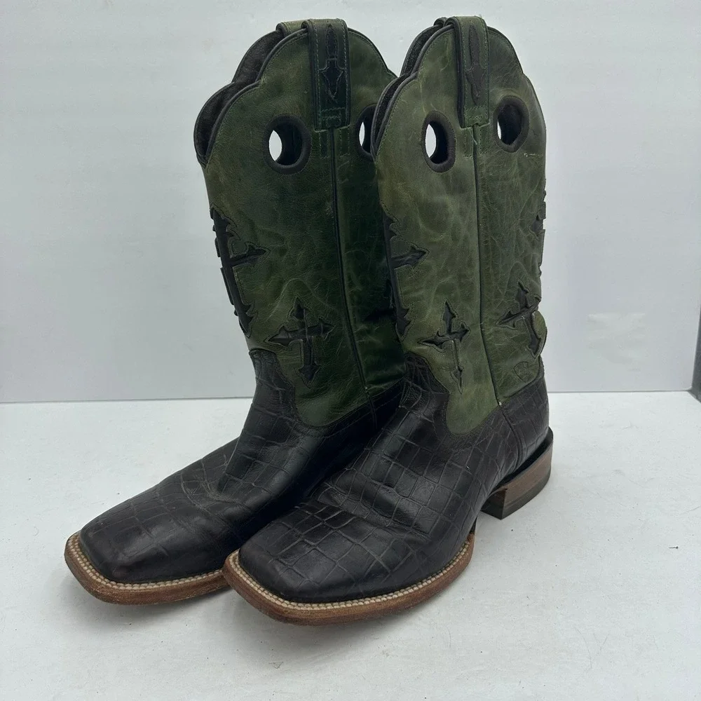 Ariat Mens Ranchero Cowboy Boots Sz 9.5D Green Brown Cross Overlay Square Toe - Picture 1 of 7